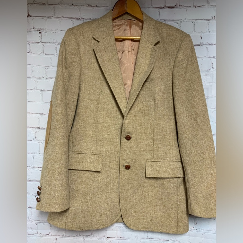Vintage Campus Man in Wool Tan Elbow Patch Blazer Sport Coat S 40”
